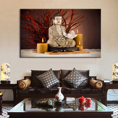 AAA 1 Pcs Modern Buddha Painting Large Size Holy Still Life Buddha with Candles light up Wall Art Home Decor Painting