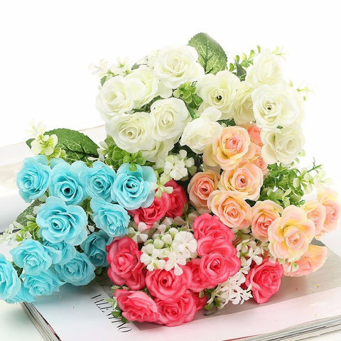 AAA 15 Head Silk Bunch Flowers Artificial Rose Flower Leaf Fake Hydrangea Wedding Party Bouquet Bridal Home Decor Floral