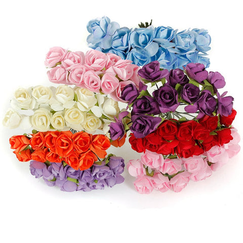 AAA 144Pcs Little Artificial Paper Colorful Rose Bouquet Flower Wedding Party Bud Home Pretty Decoration Craft Girl Favor Gift