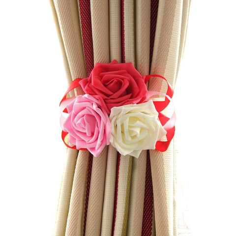 AAA 1 Pair Window Curtain Tieback Luxury Rope Satin Ribbon Tassel Tie Backs Hook Fastener Home Decor PE Simulation Rose